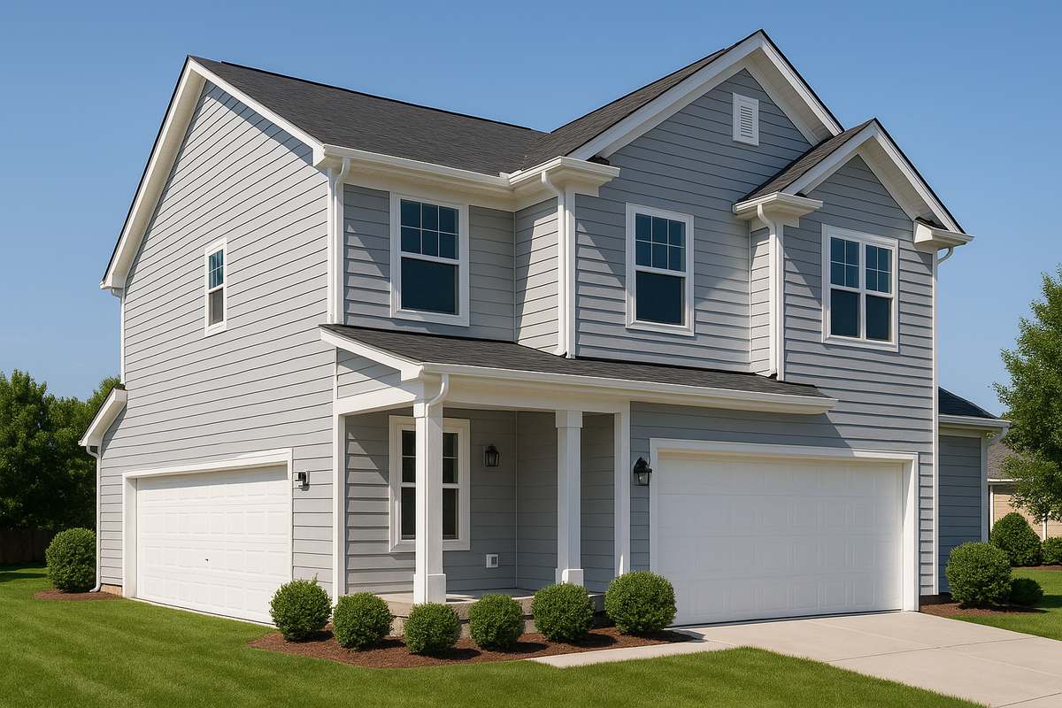 Two-story home with fresh light-gray lap siding and white trim on a sunny day